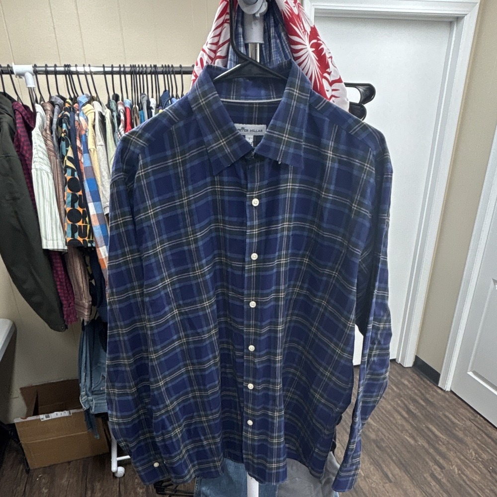 Peter Millar Men's Blue Plaid Woven Long Sleeve Button-Up Shirt L Regular